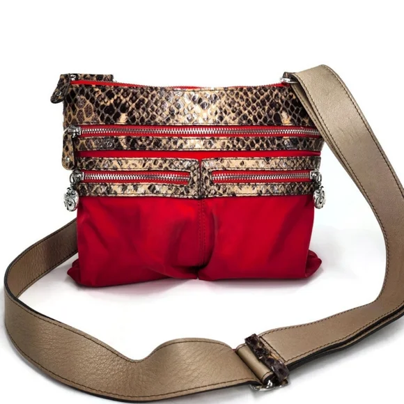 Brighton GoGo Red Nylon Black-Tan Snake Print Leather Convertable Crossbody Bag - Picture 1 of 16